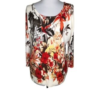 NWT Red Scoop Neck Floral Print 3/4 Sleeve Sweater Size XL